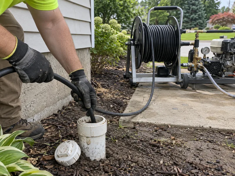 Service illustration of portable drain jetting equipment and a hose at a cleanout