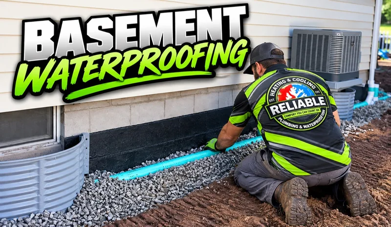 Client-provided basement waterproofing artwork with a Reliable uniformed technician