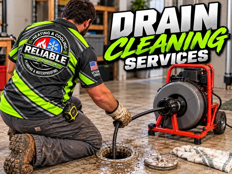 Client-provided drain cleaning artwork with a Reliable uniformed technician