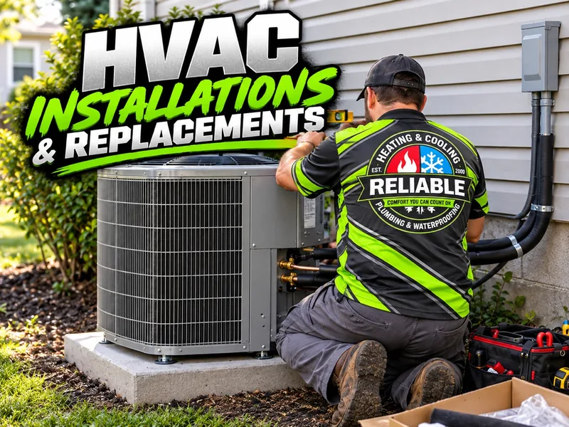 Client-provided HVAC installations and replacements artwork with a Reliable uniformed technician